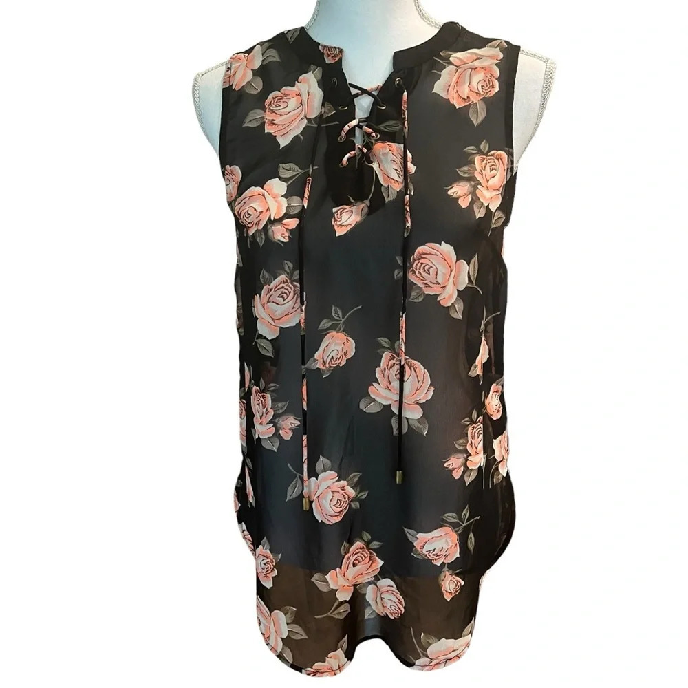 Marisol‎ Lace Up Sheer Sleeveless Blouse Black Floral Women’s Size Medium